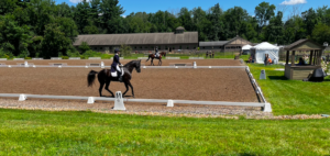 Photograph of a horseback riding arena with woman on horse in the foreground.