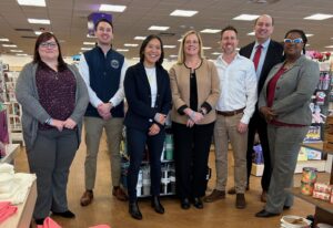 Meeting at Acton Paper Store, from left, Operations Manager Rachel Jacobs, Cataldo Aide Kyle Stapleton, Economic Development Secretary Yvonne Hao, Vice President of Stores Sara Carbonier, CEO Tom Anderson, State Senator Jamie Eldridge, and Acton DIrector of Economic Development Julie Pierce