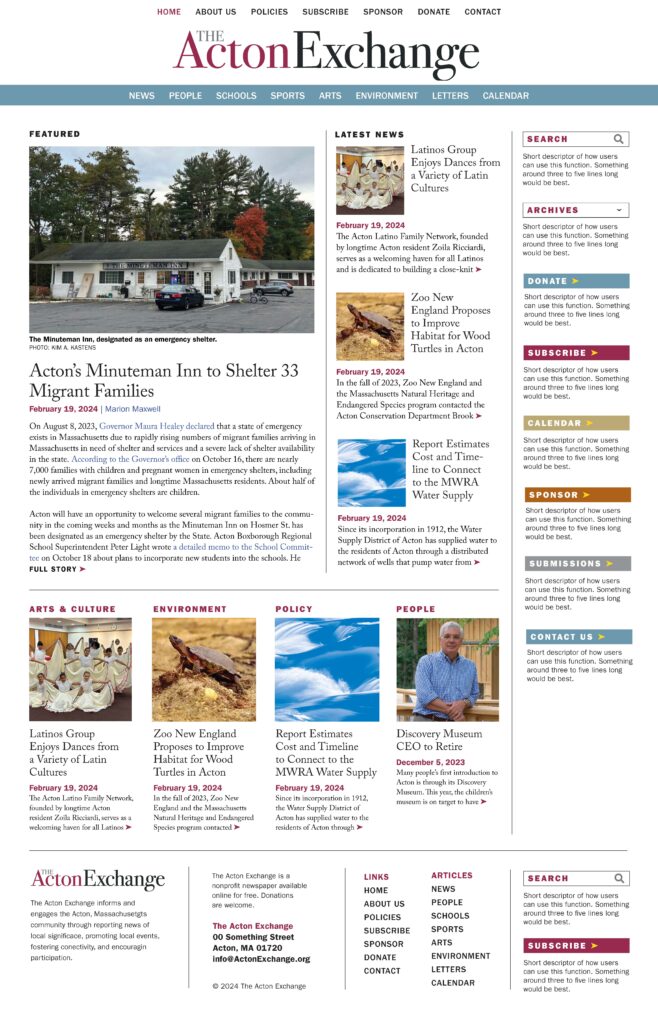 Design for the home page of the Acton Exchange website, with a mixture of text and images.