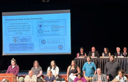 The school committee members are at a table in front of Town Meeting. A woman wearing a purple jacket is reading at a podium, and the school budget presentation is on a screen behind her.