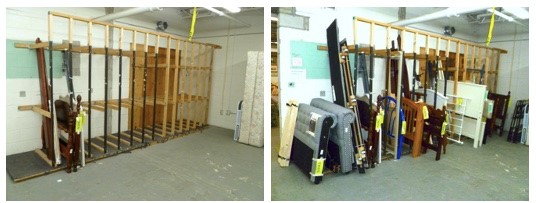 Two images. The left shows a fairly empty rack. The right shows the same rack, full of donated frames.