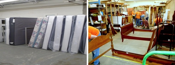 Two images. The left shows a line of mattresses stacked agains a wall. The right shows a workshop with bedframes being set up. A person in an orange t-shirt is visible behind a wooden bedframe.