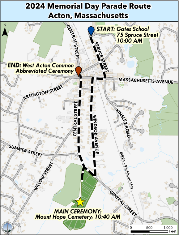 Map of parade route: Start at Gates School, 75 Spruce Street and march down Spruce Street to Windsor Ave. to Mount Hope Cemetery for the main ceremony. After the ceremony, walk down Central Street to the West Acton Common for a short final cemetery before the parade ends.