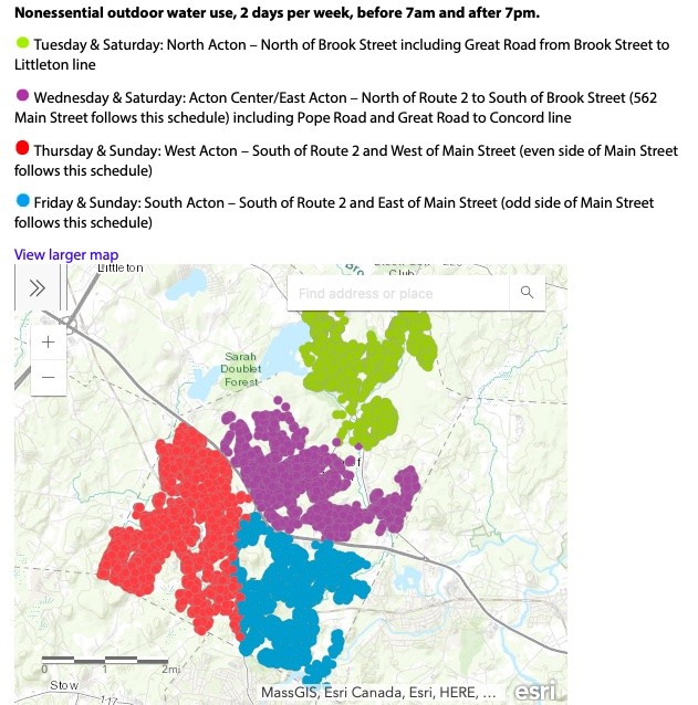 A map of Acton with several colored areas showing the days that non-essential watering is allowed in various parts of town. In general, lawn and other non-essential watering is allowed as follows: - North Acton - Tuesday & Saturday - Acton Center/East Acton - Wednesday & Saturday - West Acton - Thursday & Sunday - South Acton - Friday & Sunday