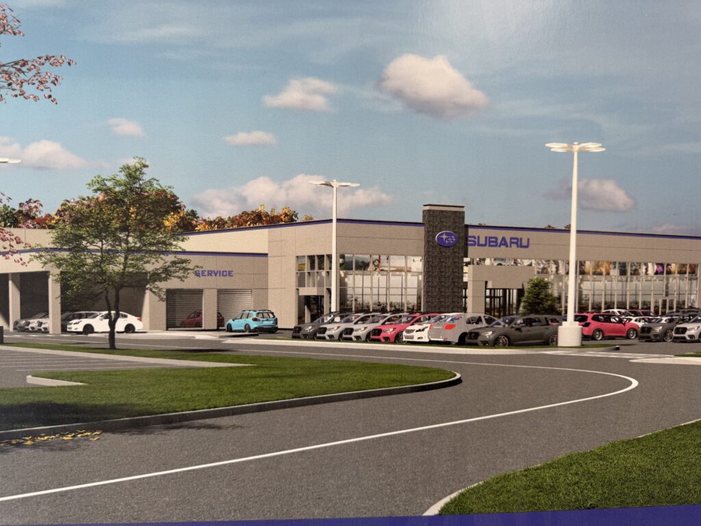 A drawing of what the new Subaru dealership will look like once it's built. It looks like a car dealership.