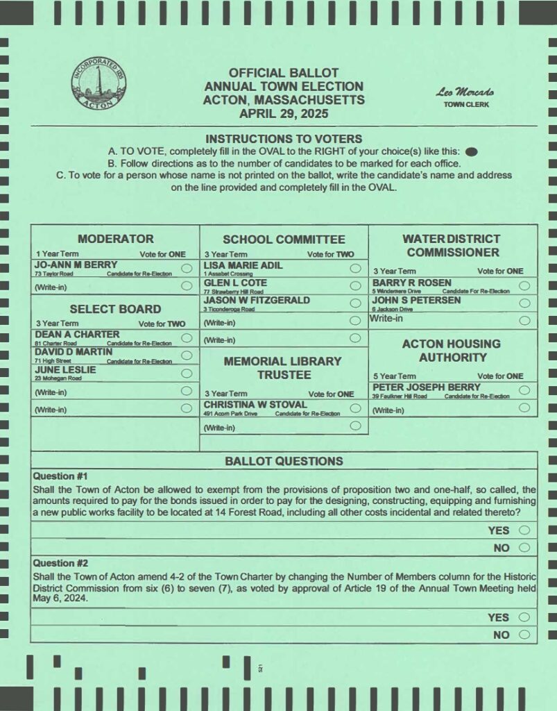 A green ballot which shows all of the candidates and the two ballot questions for the April 29 election.