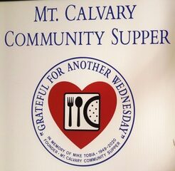 The Community Supper logo, which features a large heart with a place setting in the middle. The words "Grateful for another Wednesday" encircle the drawing.