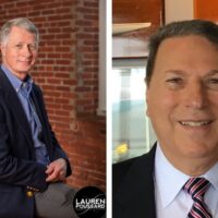 A composite photo of two men. The man on the left wears a sport jacket and is perched on a table. The man on the right is just a headshot of a smiling man wearing a tie.